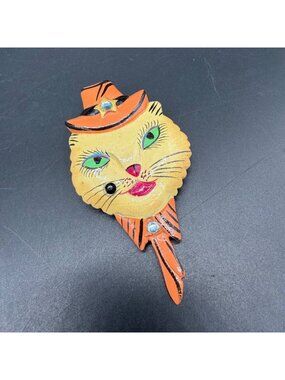 Cat Brooch Pin Handmade Wood Halloween Orange Cowboy Hat Sheriff Rhinestones